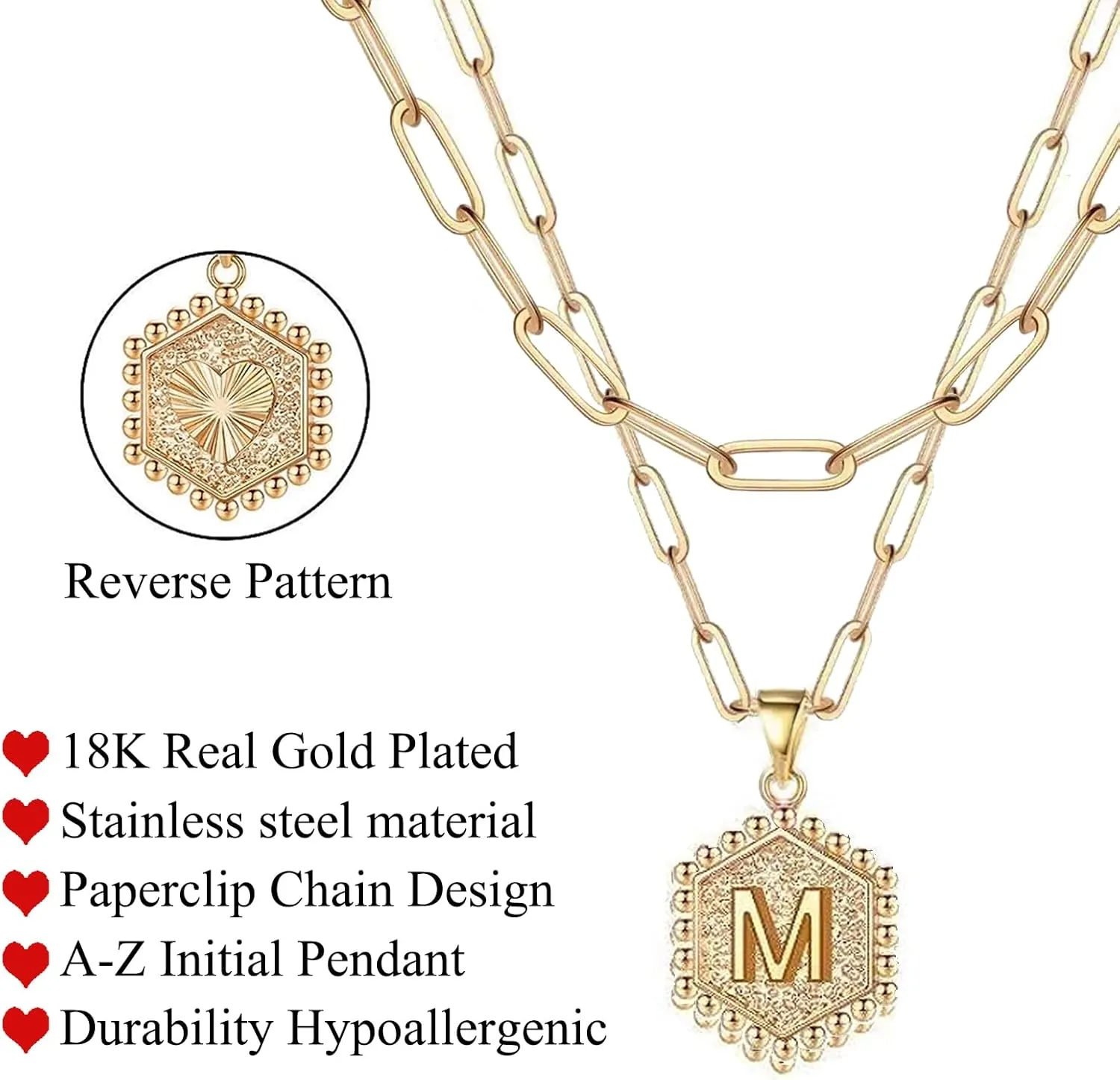 18K Gold Plated Layered Initial A-Z Pendant Necklaces Paper Clip Chain Hexagon Letter Pendant Chunky Gold Necklaces for Women