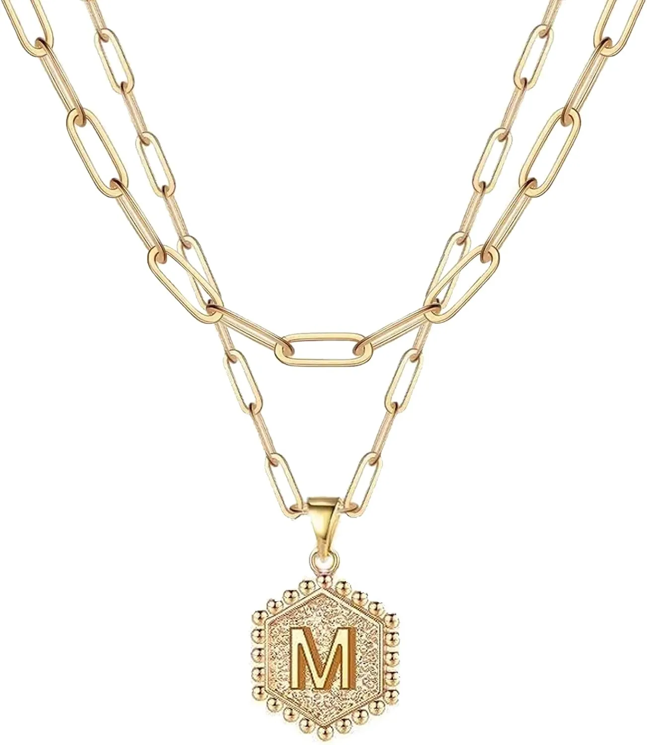 18K Gold Plated Layered Initial A-Z Pendant Necklaces Paper Clip Chain Hexagon Letter Pendant Chunky Gold Necklaces for Women