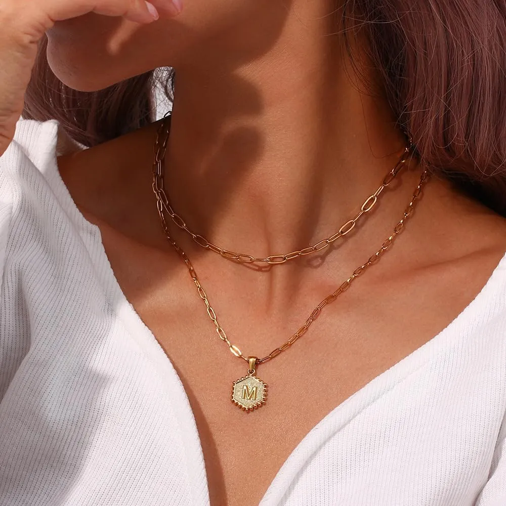 18K Gold Plated Layered Initial A-Z Pendant Necklaces Paper Clip Chain Hexagon Letter Pendant Chunky Gold Necklaces for Women