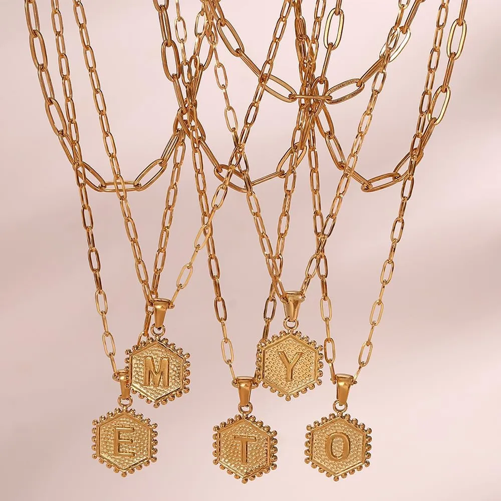 18K Gold Plated Layered Initial A-Z Pendant Necklaces Paper Clip Chain Hexagon Letter Pendant Chunky Gold Necklaces for Women