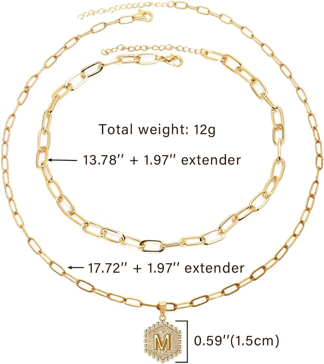 18K Gold Plated Layered Initial A-Z Pendant Necklaces Paper Clip Chain Hexagon Letter Pendant Chunky Gold Necklaces for Women