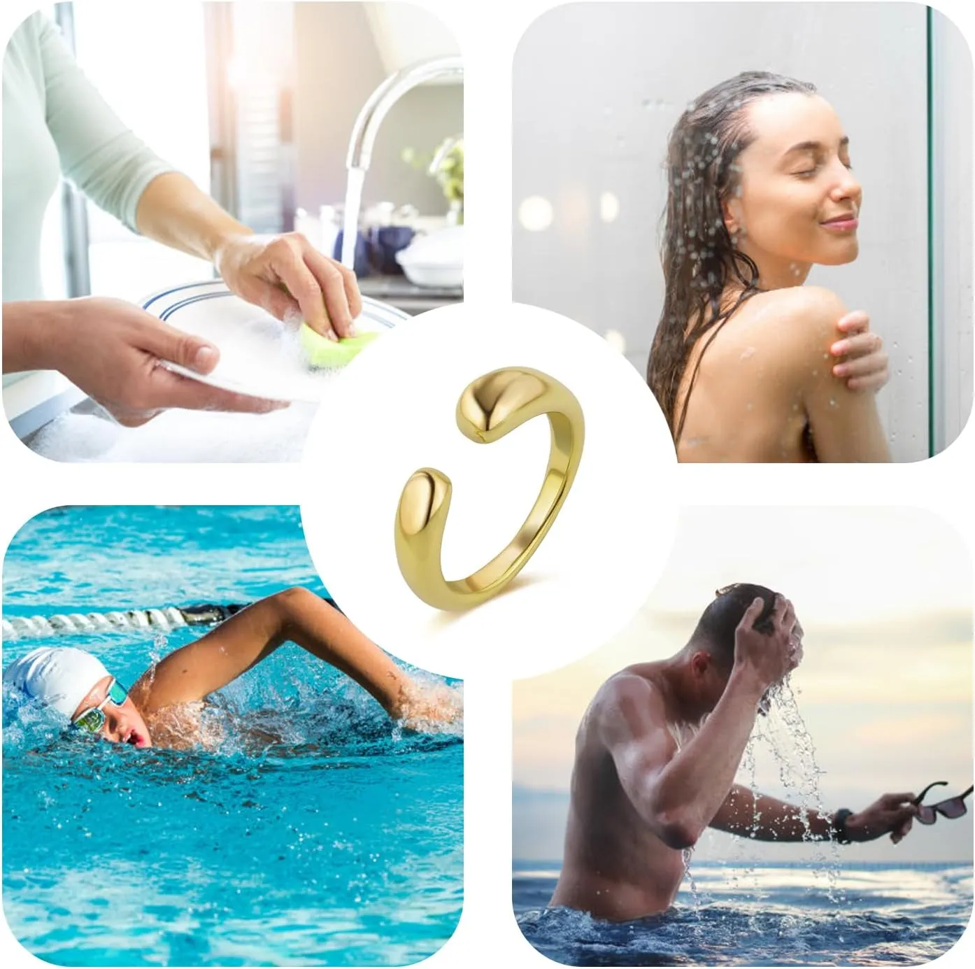 18K Gold Plated Stackable Rings Set for Women - Waterproof & Non Tarnish 2 Wave Latered Chunky Rings - Water Resistant Never Fades Everyday Thumb Rings for Women