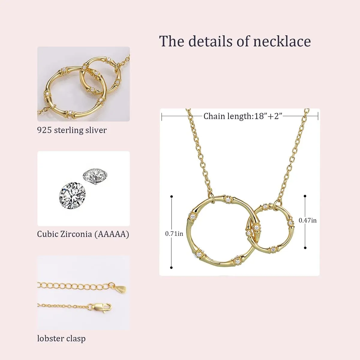 18K Real Gold Plated Interlocking Infinity Circle Silver Necklaces for Women
