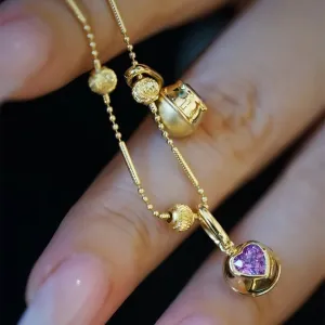 18K Solid Gold Beautiful  Candy small golden ball Fancy Sapphire Heart Pendant Necklace Upscale Trendy Party Pure Gold