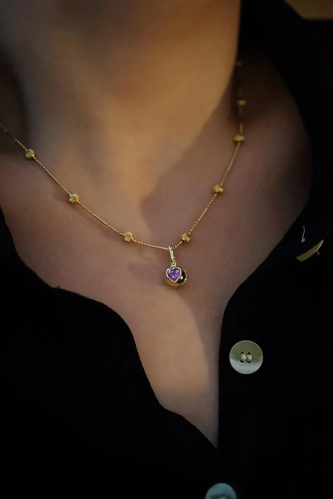 18K Solid Gold Beautiful  Candy small golden ball Fancy Sapphire Heart Pendant Necklace Upscale Trendy Party Pure Gold
