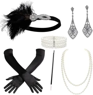 1920s Accessories for Women - Flapper Headpiece Great Gatsby Accessories for Women Pearl Bracelet Necklace Gloves Black