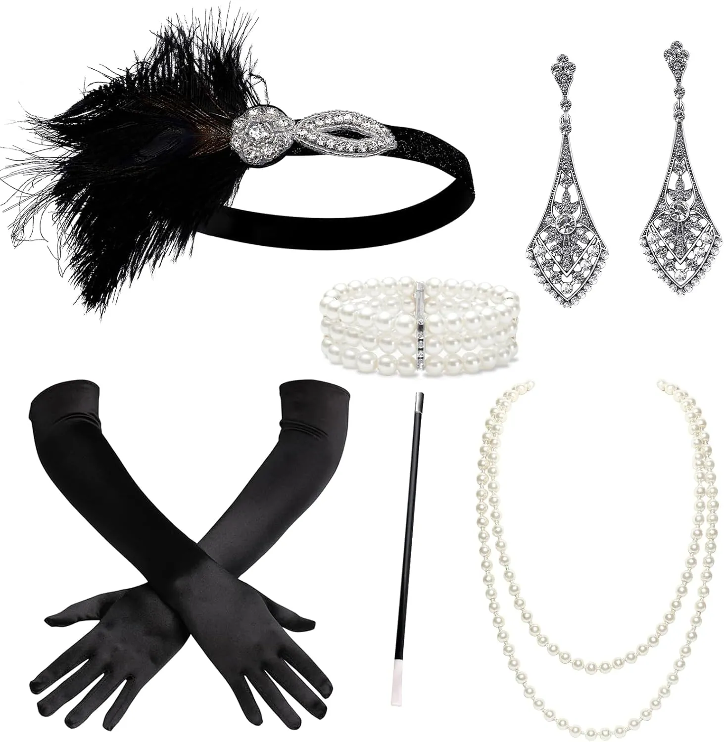 1920s Accessories for Women - Flapper Headpiece Great Gatsby Accessories for Women Pearl Bracelet Necklace Gloves Black