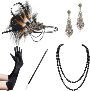1920s Accessories for Women - Flapper Headpiece Great Gatsby Accessories for Women Pearl Bracelet Necklace Gloves Brown