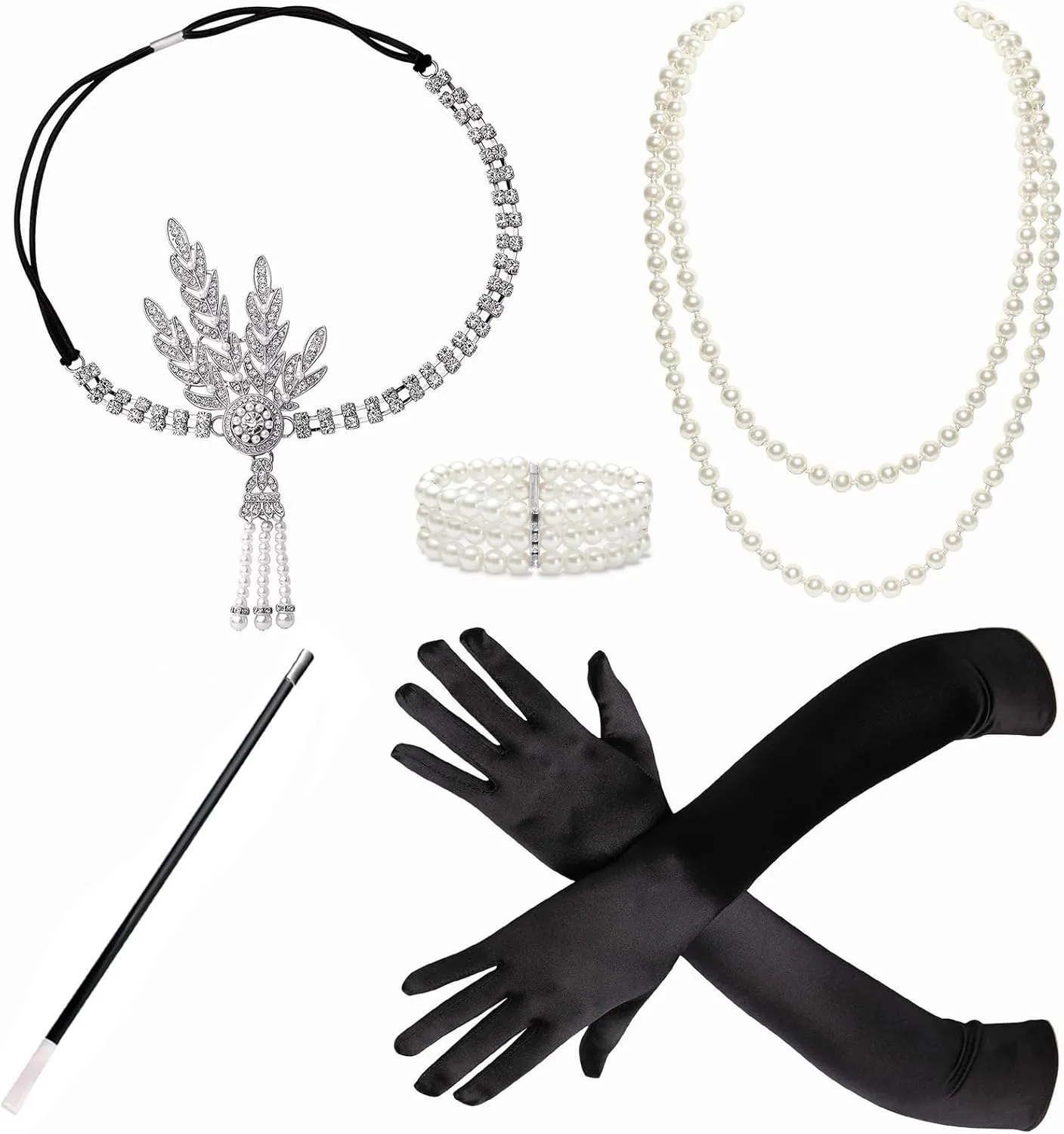1920s Accessories for Women - Flapper Headpiece Great Gatsby Accessories for Women Pearl Bracelet Necklace Gloves Silver