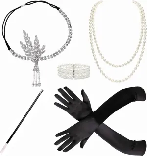 1920s Accessories for Women - Flapper Headpiece Great Gatsby Accessories for Women Pearl Bracelet Necklace Gloves Silver