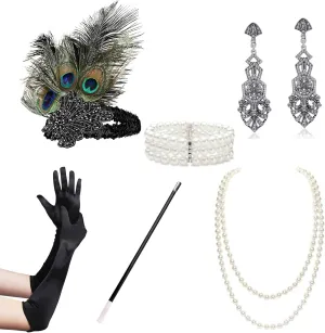 1920s Accessories for Women - Flapper Headpiece Great Gatsby Accessories for Women Pearl Bracelet Necklace Gloves