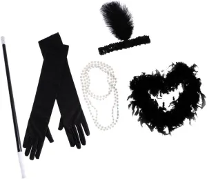 1920s Accessories Set Flapper Headband Pearl Necklace Gloves Cigarette Holder Foot Boa (5 Piece Set)