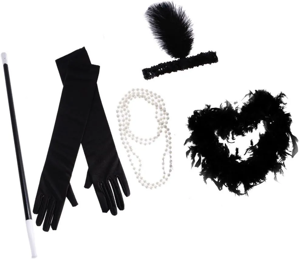 1920s Accessories Set Flapper Headband Pearl Necklace Gloves Cigarette Holder Foot Boa (5 Piece Set)