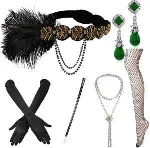 1920s Accessories Set Flapper Headband,Earrings,Pearl Necklace,Gloves,Net Tights,Pearl Bracelet (OneSize, Set-25)