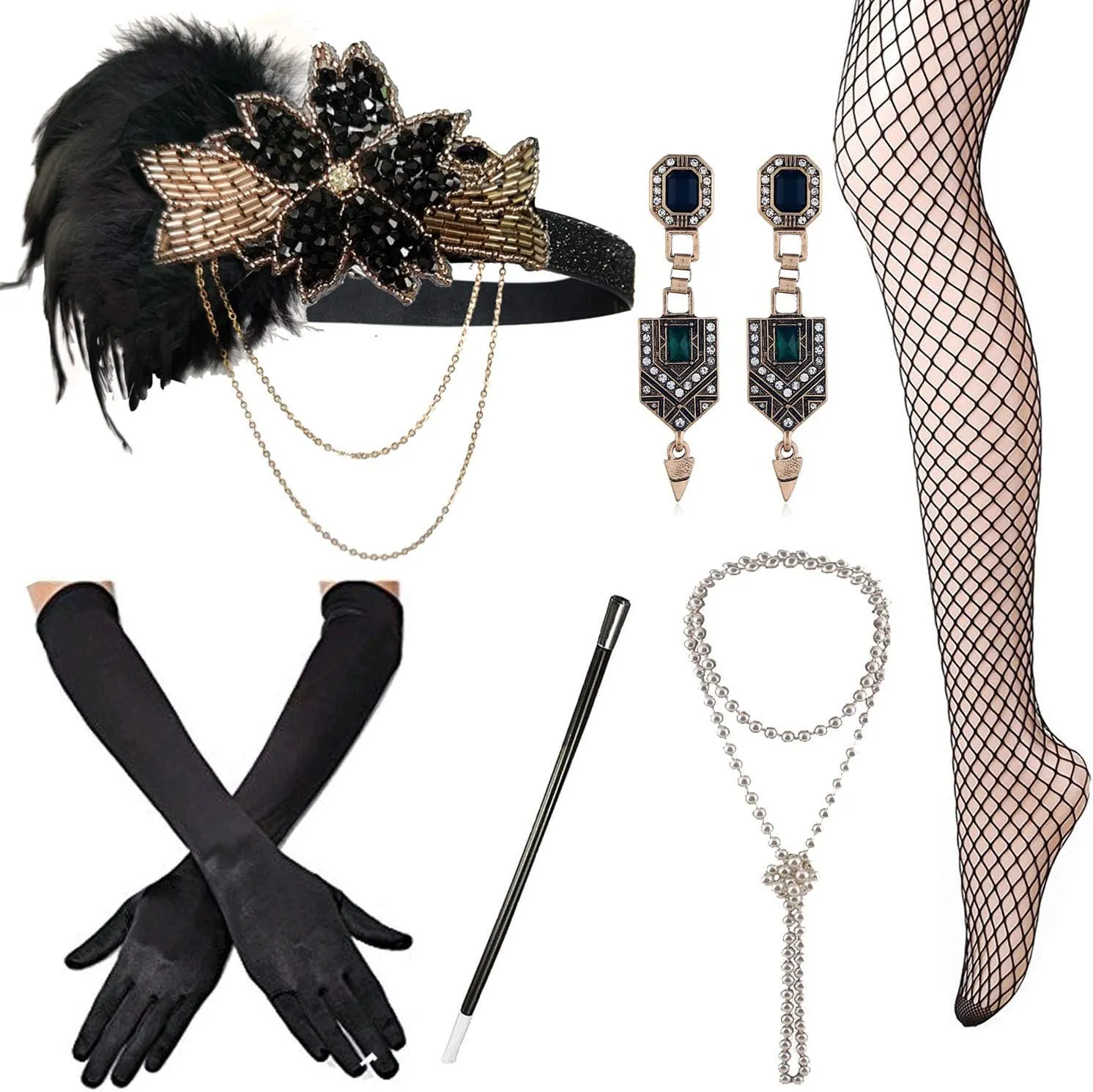 1920s Accessories Set Flapper Headband,Earrings,Pearl Necklace,Gloves,Net Tights,Pearl Bracelet (OneSize, Set-26)