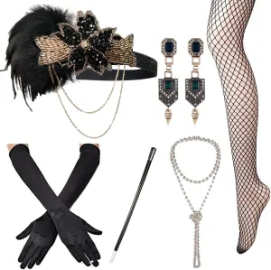 1920s Accessories Set Flapper Headband,Earrings,Pearl Necklace,Gloves,Net Tights,Pearl Bracelet (OneSize, Set-26)