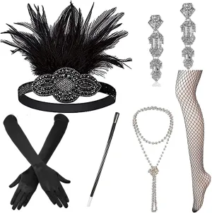 1920s Accessories Set Flapper Headband,Earrings,Pearl Necklace,Gloves,Net Tights,Pearl Bracelet (OneSize, Set-28)