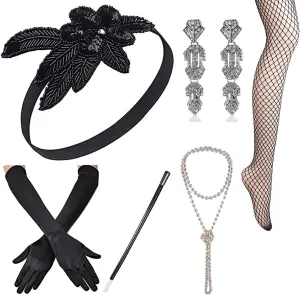 1920s Accessories Set Flapper Headband,Earrings,Pearl Necklace,Gloves,Net Tights,Pearl Bracelet (Set-18)
