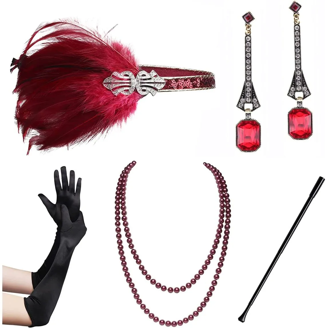 1920s Flapper Accessories Set Costume Accessories 20s Flapper Headband Pearl Necklace Gloves Holder, 1