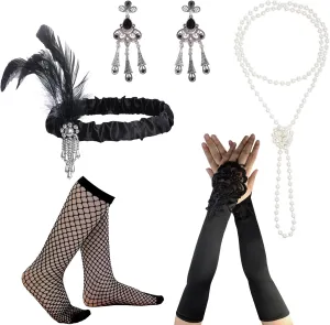 1920s Flapper Accessories Set Flapper Headpiece Gatsby Accessories for Women Flapper Headband Pearl Necklace Gloves Earrings Stockings for Halloween
