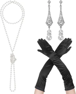 1920s Flapper Accessories Set for Women Roaring 20s Costumes Include Long Pearl Necklace and Earring Set Black Long Gloves for Opera Party