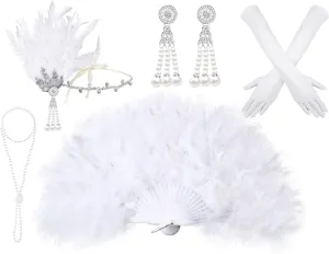 1920s Flapper Costume Accessories Set for Women 20s Headpiece Earrings Gloves Holder Pearl Necklace and Feather Fan (Elegant Style) Black, White