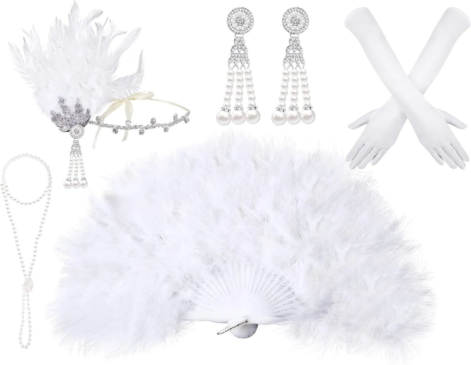 1920s Flapper Costume Accessories Set for Women 20s Headpiece Earrings Gloves Holder Pearl Necklace and Feather Fan (Elegant Style) Black, White