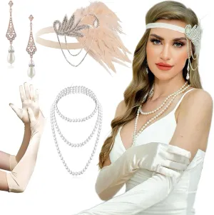 1920s Flapper Gatsby Costume Accessories Set 20s Flapper Headband Vintage Pearl Necklace Gloves