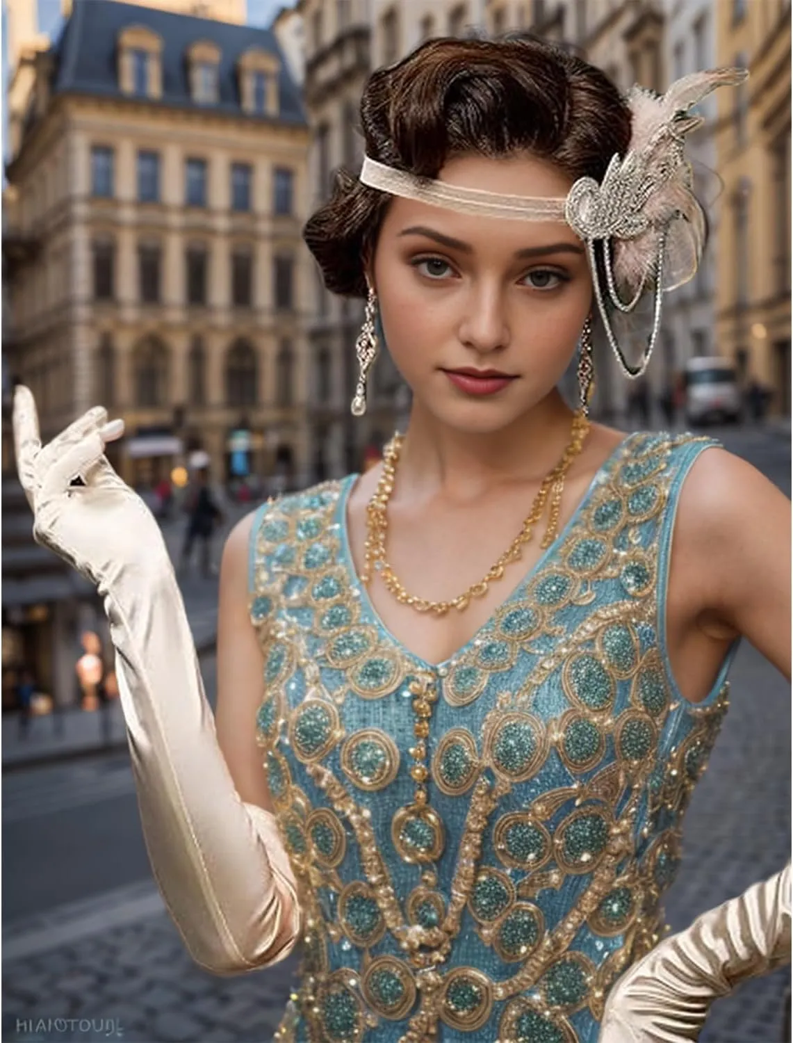1920s Flapper Gatsby Costume Accessories Set 20s Flapper Headband Vintage Pearl Necklace Gloves