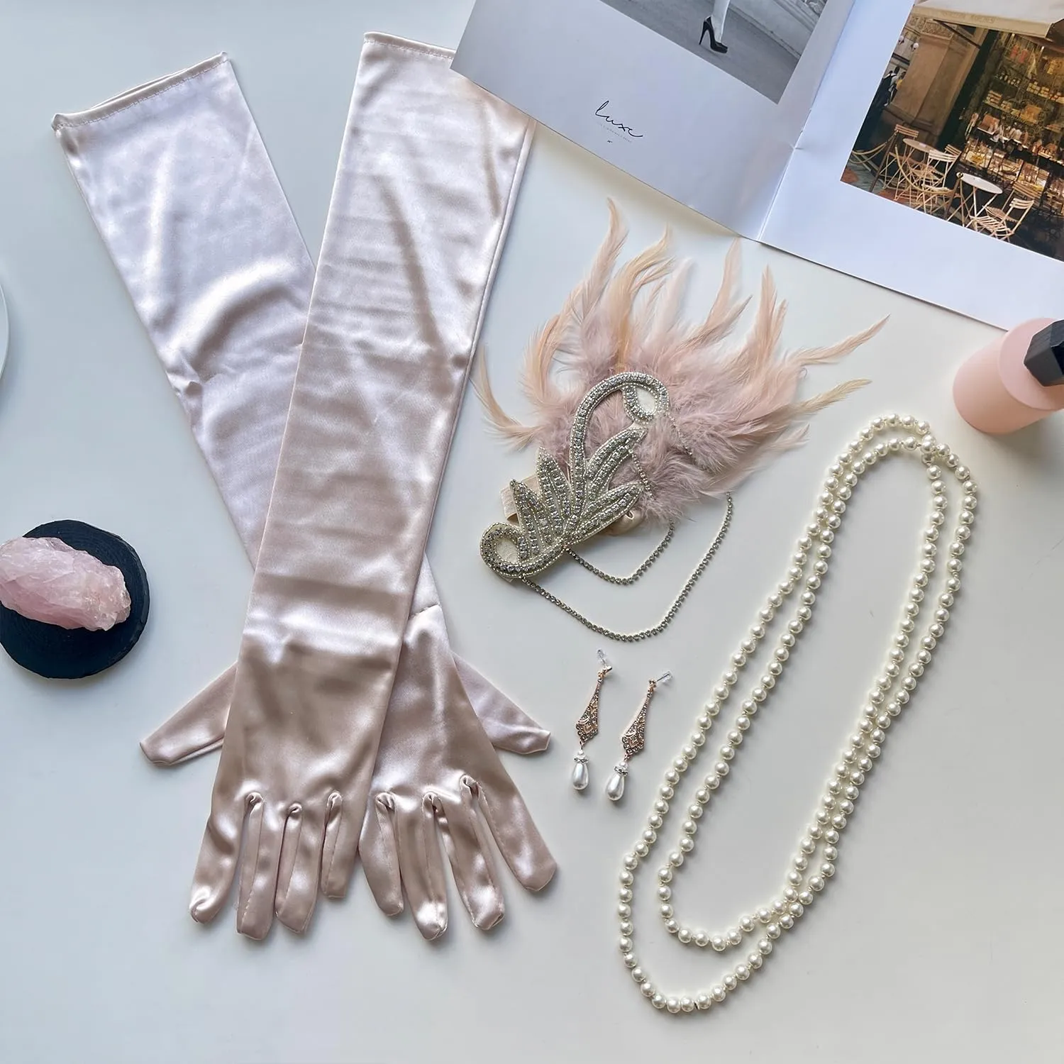 1920s Flapper Gatsby Costume Accessories Set 20s Flapper Headband Vintage Pearl Necklace Gloves