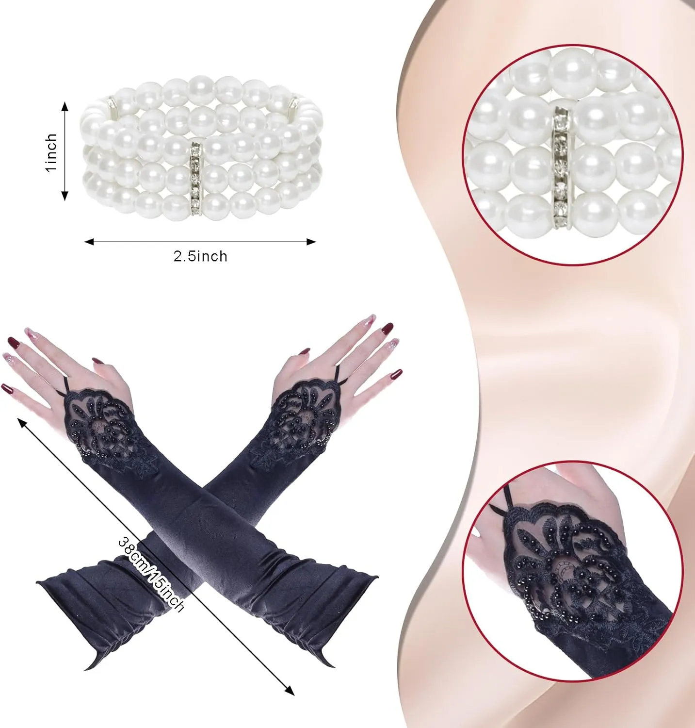 1920s Gatsby Accessories for Women: Flapper Headband, Pearl Bracelet, Necklace, Gloves & Earrings