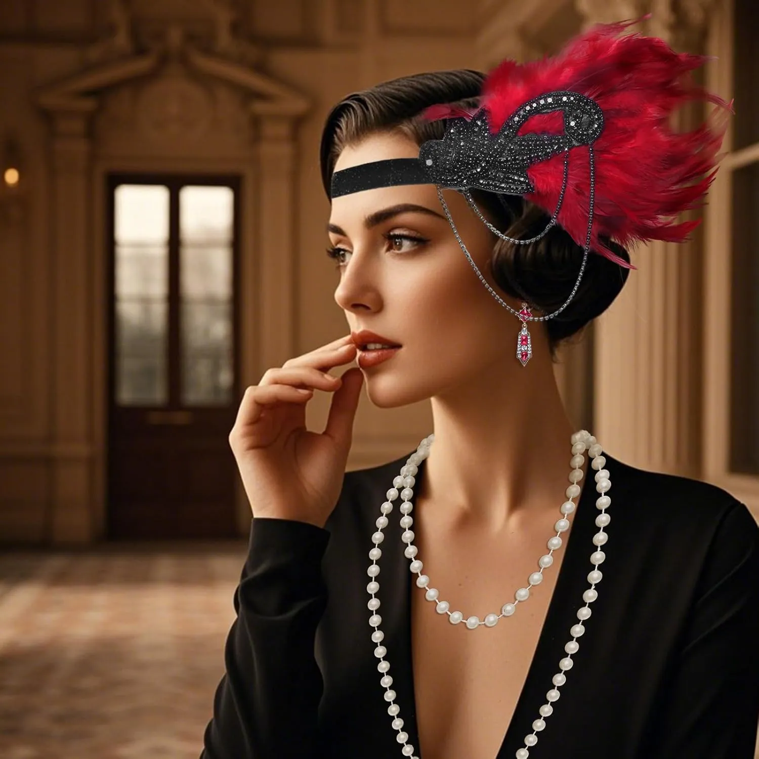 1920s Gatsby Accessories for Women: Flapper Headband, Pearl Bracelet, Necklace, Gloves & Earrings