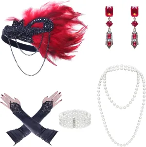 1920s Gatsby Accessories for Women: Flapper Headband, Pearl Bracelet, Necklace, Gloves & Earrings