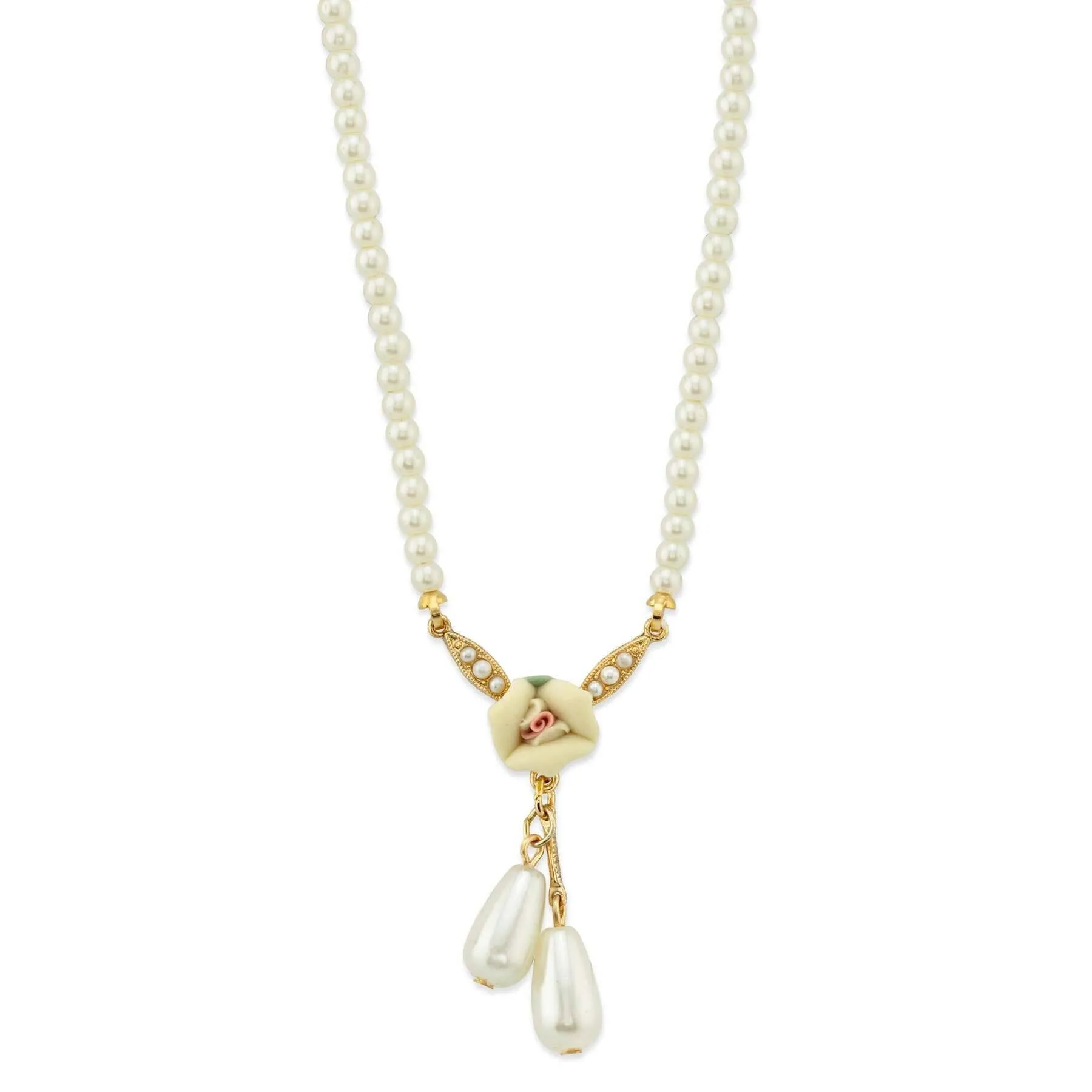 1928 Bridal Porcelain Rose And 3mm Faux Pearl Strand Drop Pendant Necklace 16"   3" Extender