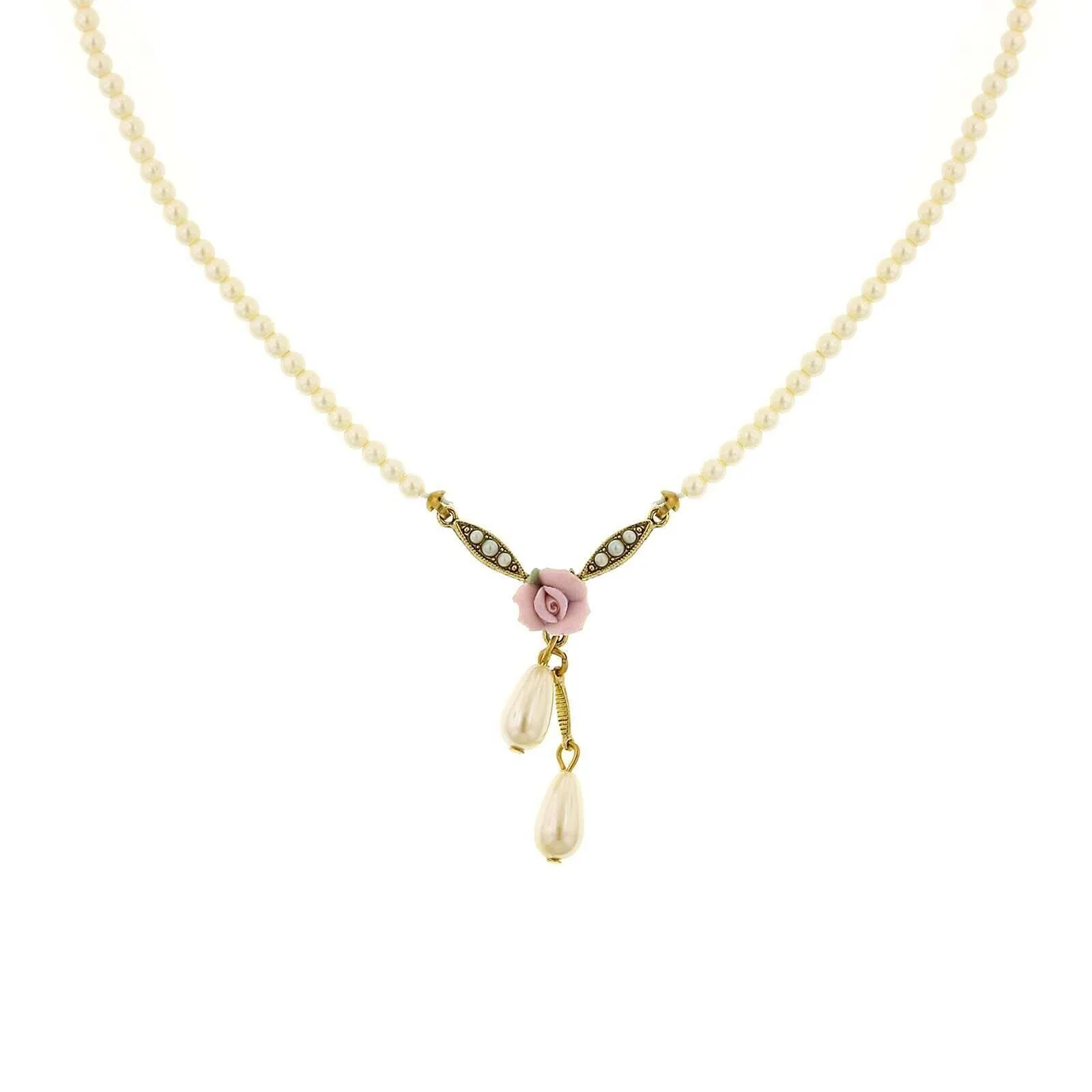 1928 Bridal Porcelain Rose And 3mm Faux Pearl Strand Drop Pendant Necklace 16"   3" Extender