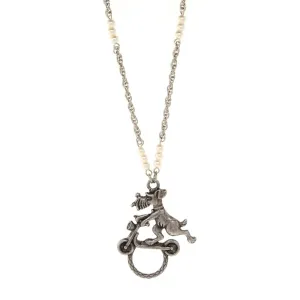 1928 Jewelry Dog On Scooter With Faux Pearl Badge & Eyeglass Holder Chain Necklace 30"