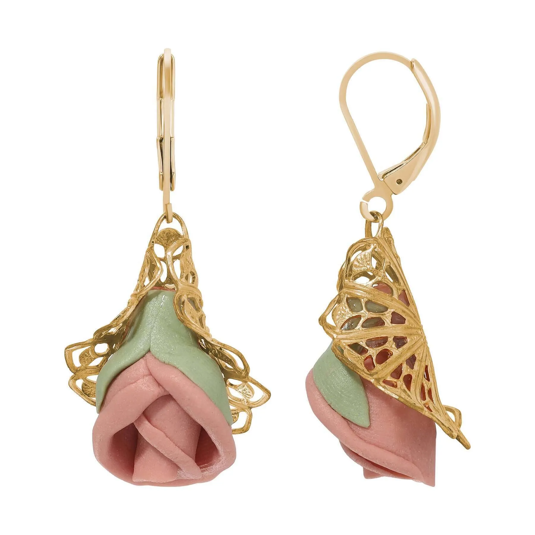 1928 Jewelry Hanging Porcelain Rose Filigree Drop Earrings