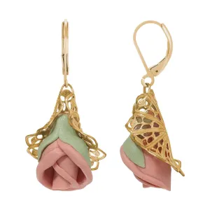 1928 Jewelry Hanging Porcelain Rose Filigree Drop Earrings