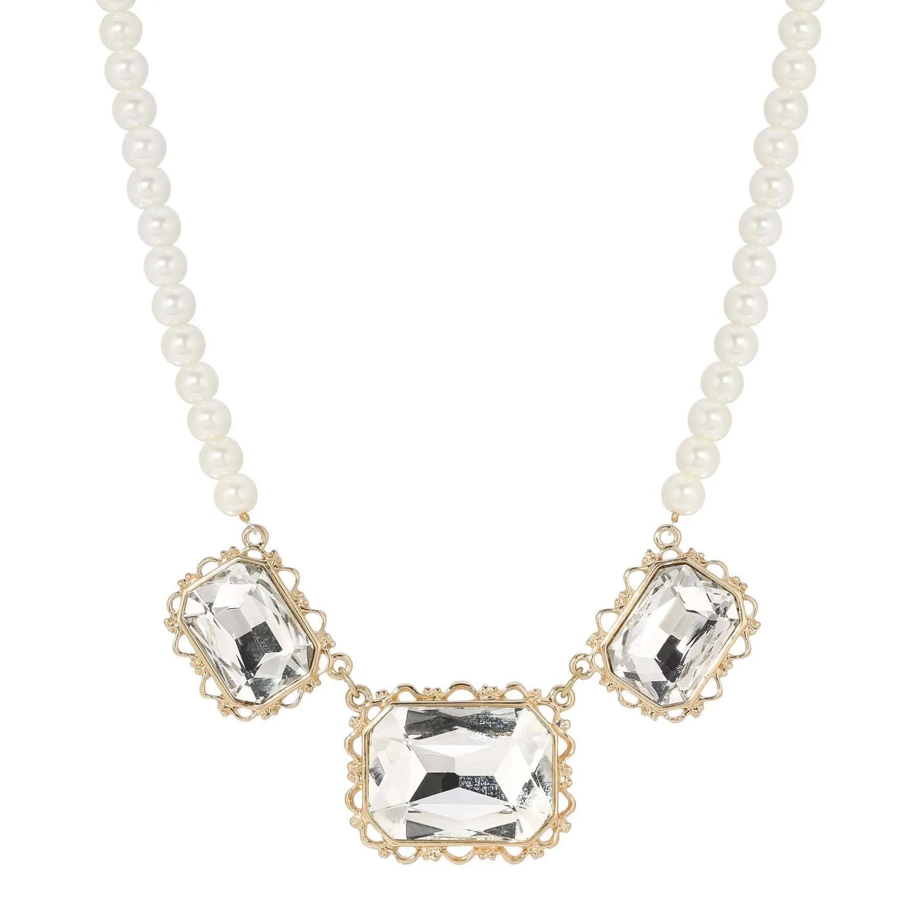 1928 Jewelry Heiress Triple Crystal Faux Pearl Stand Necklace 16"   3" Extension