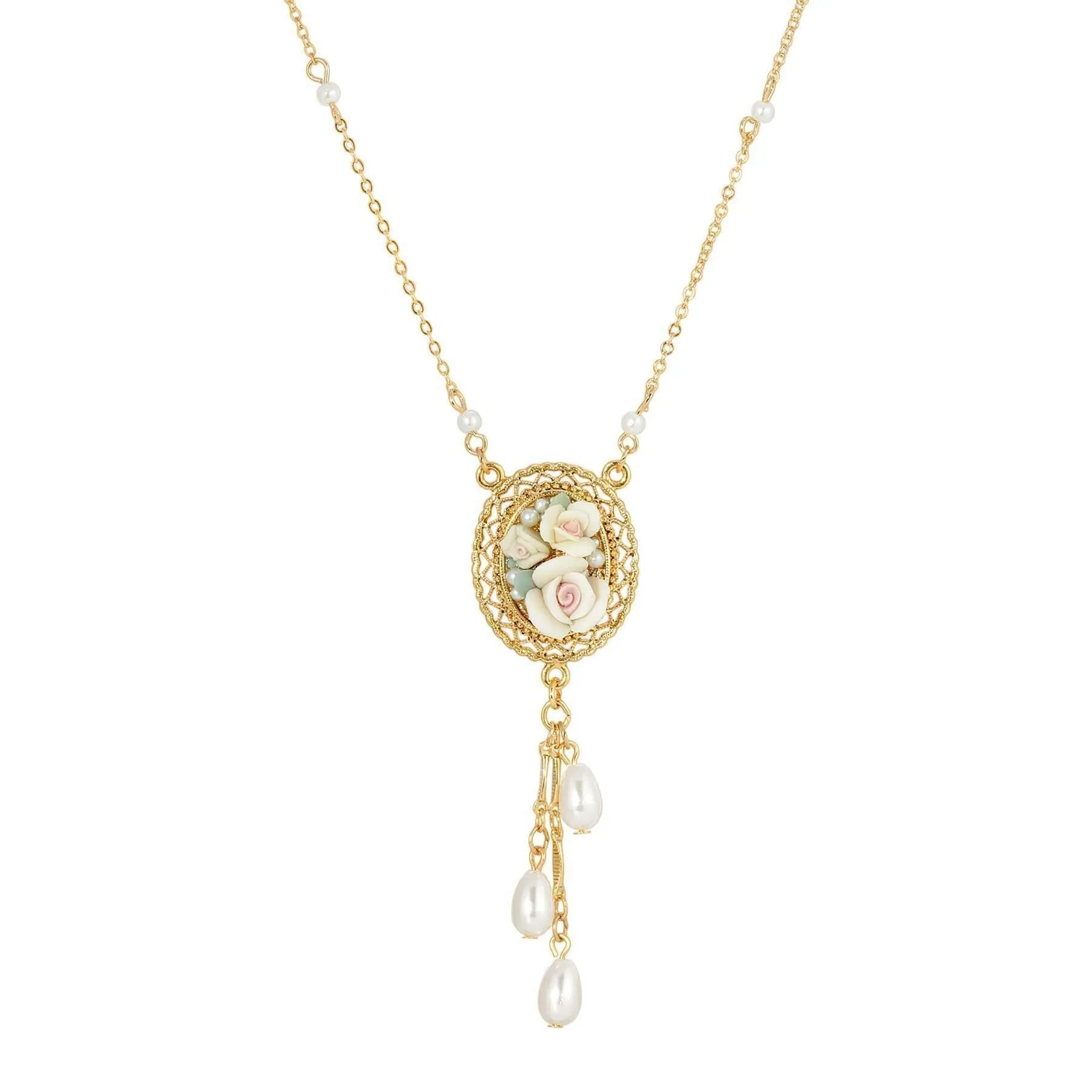 1928 Jewelry Ivory Porcelain Roses Oval Filigree Pendant Faux Pearl Drop Necklace 16"   3" Extender