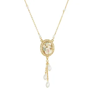 1928 Jewelry Ivory Porcelain Roses Oval Filigree Pendant Faux Pearl Drop Necklace 16"   3" Extender