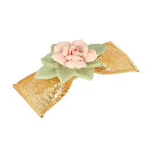1928 Jewelry Large Pink & Green Porcelain Flower Mesh Bow Hair Barrette