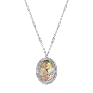 1928 Jewelry Oval Multicolor Porcelain Roses Pendant Necklace 30"