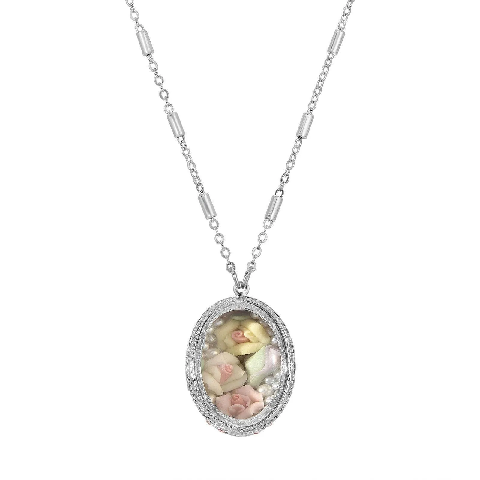 1928 Jewelry Oval Multicolor Porcelain Roses Pendant Necklace 30"