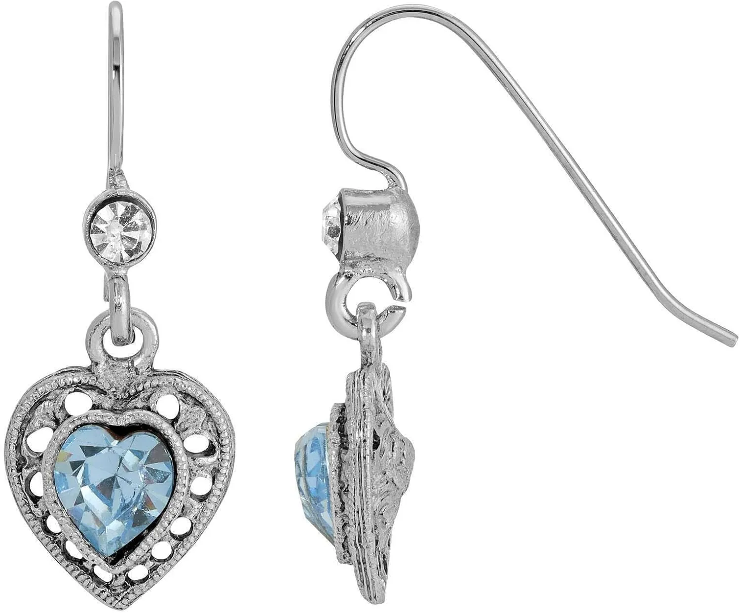 1928 Jewelry Petite Minimalist Light Sapphire Blue Austrian Crystal Antiqued Heart Drop Earrings For Women
