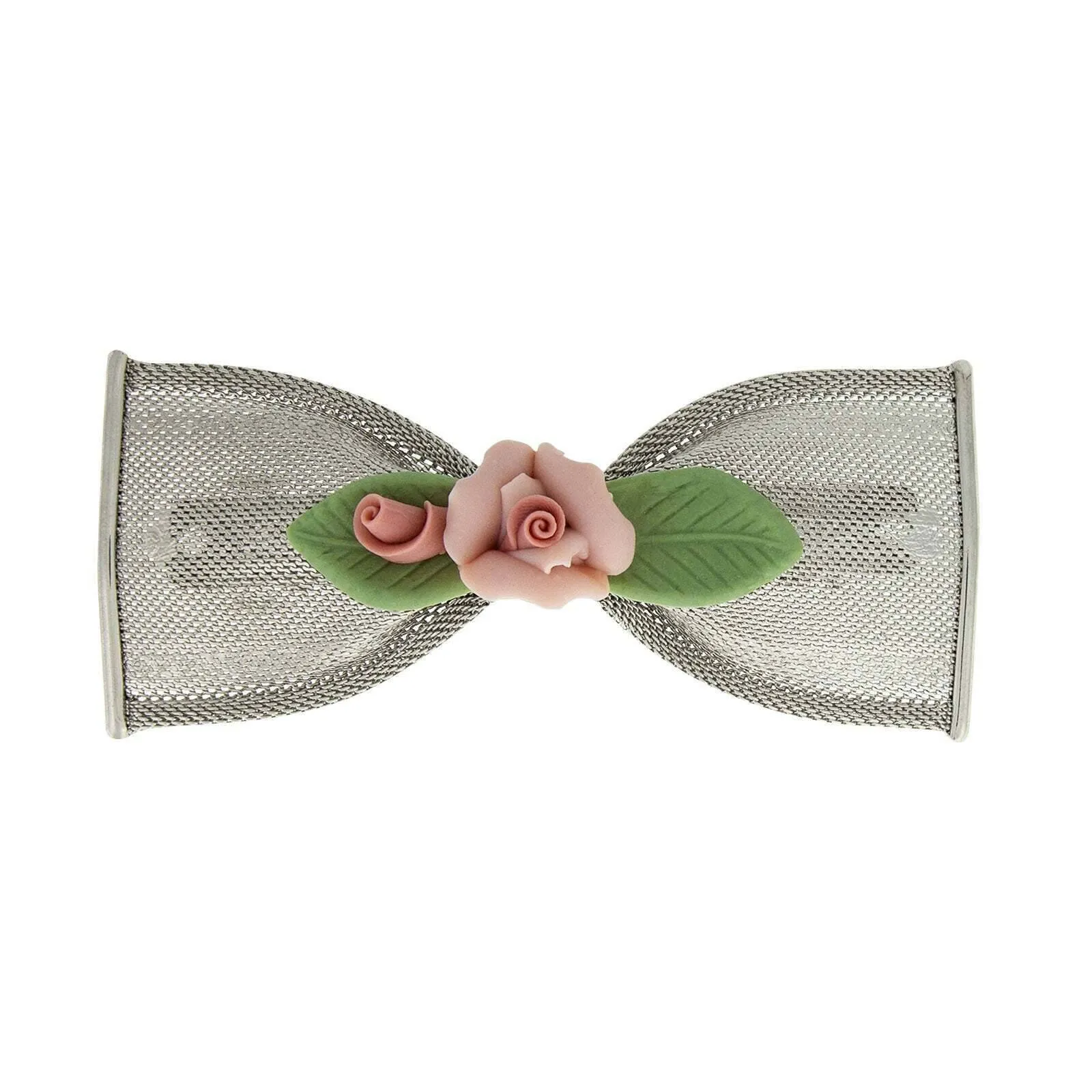 1928 Jewelry Pink And Green Porcelain Flower Mesh Bow Hair Barrette