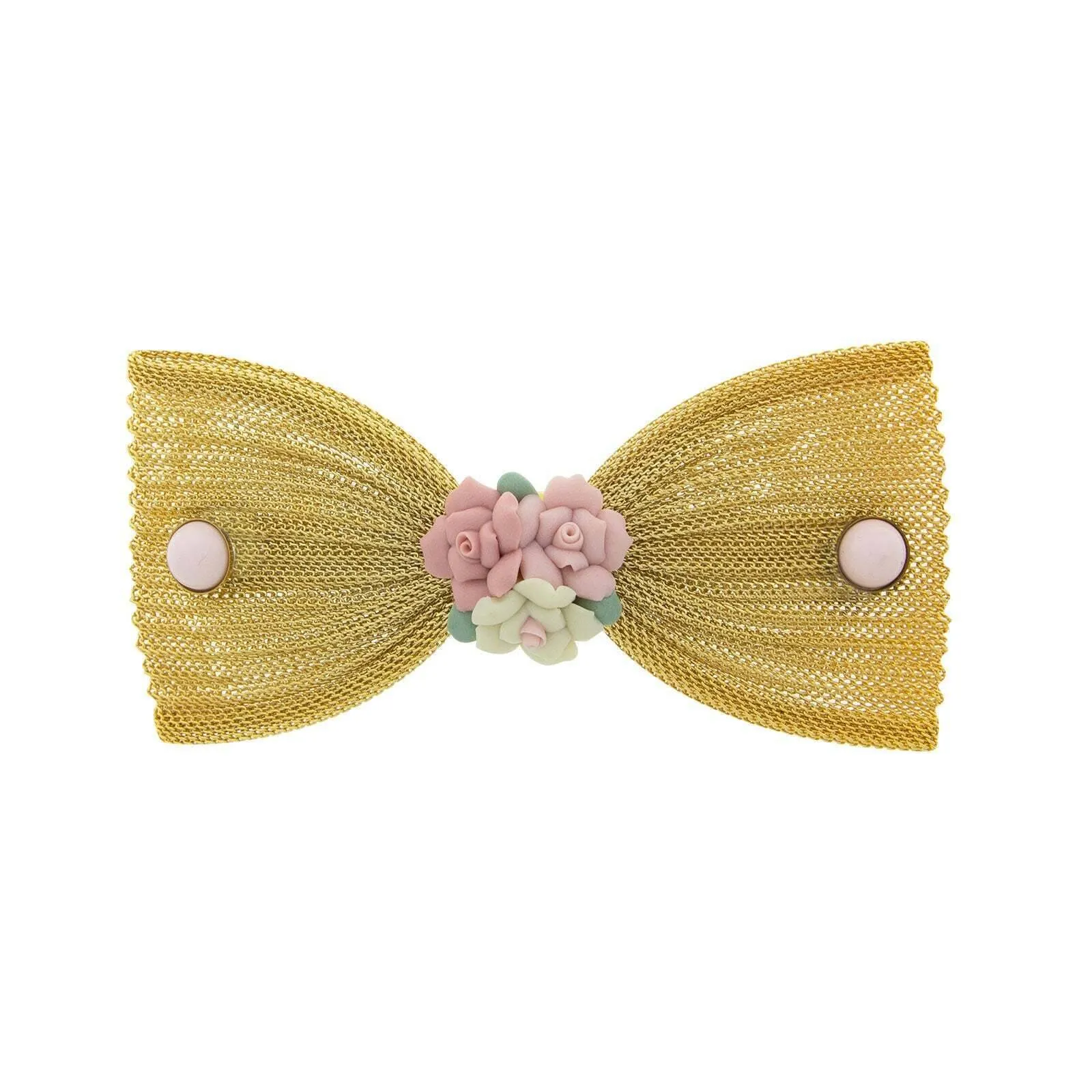 1928 Jewelry Pink Porcelain Flower Mesh Bow Hair Barrette