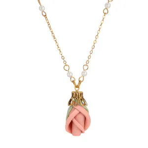 1928 Jewelry Pink Porcelain Rosebud Pendant Necklace 16"   3" Extension