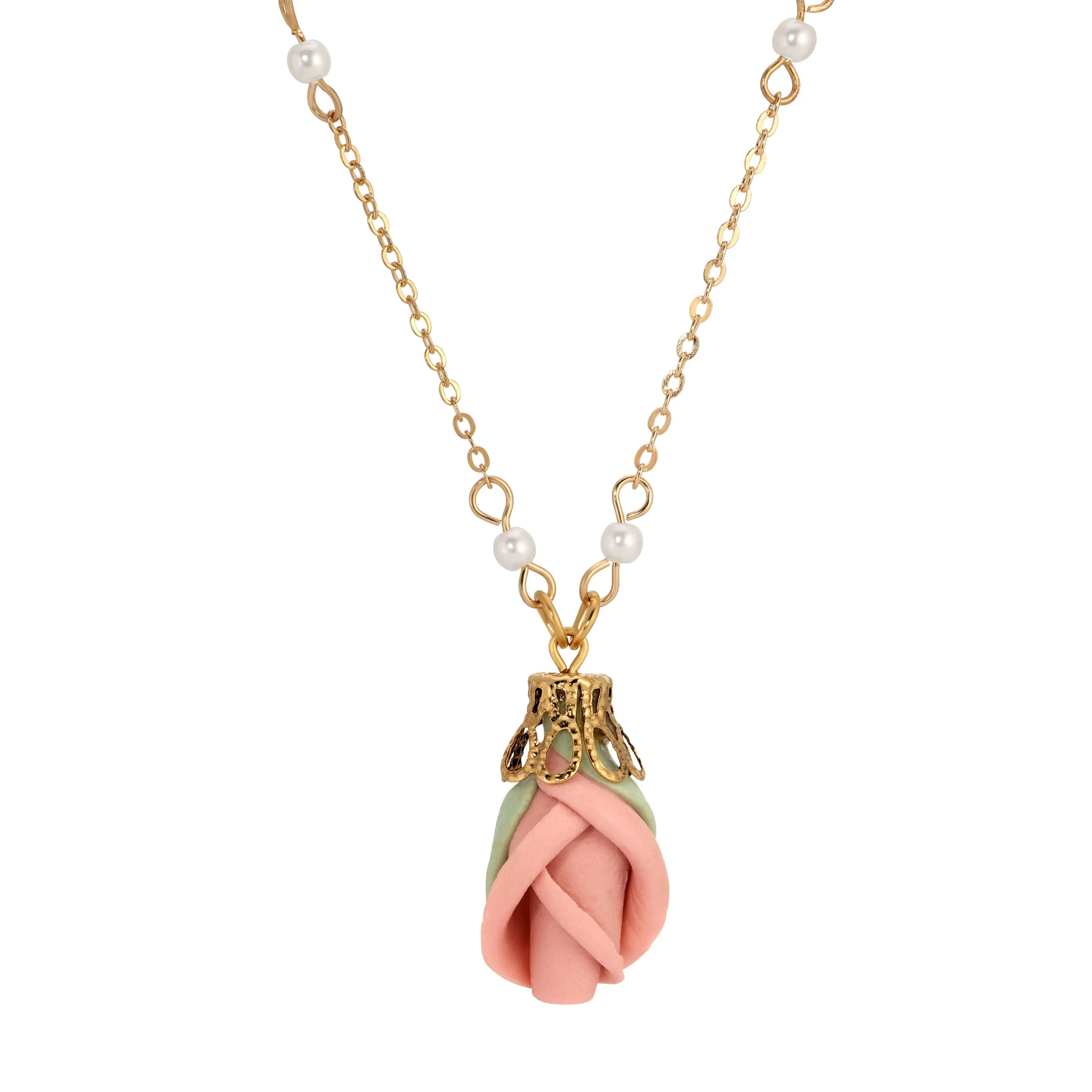 1928 Jewelry Pink Porcelain Rosebud Pendant Necklace 16"   3" Extension