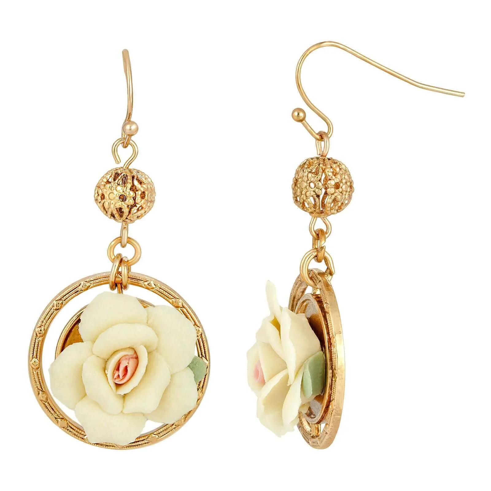1928 Jewelry Porcelain Rose Filigree Bead Drop Earrings